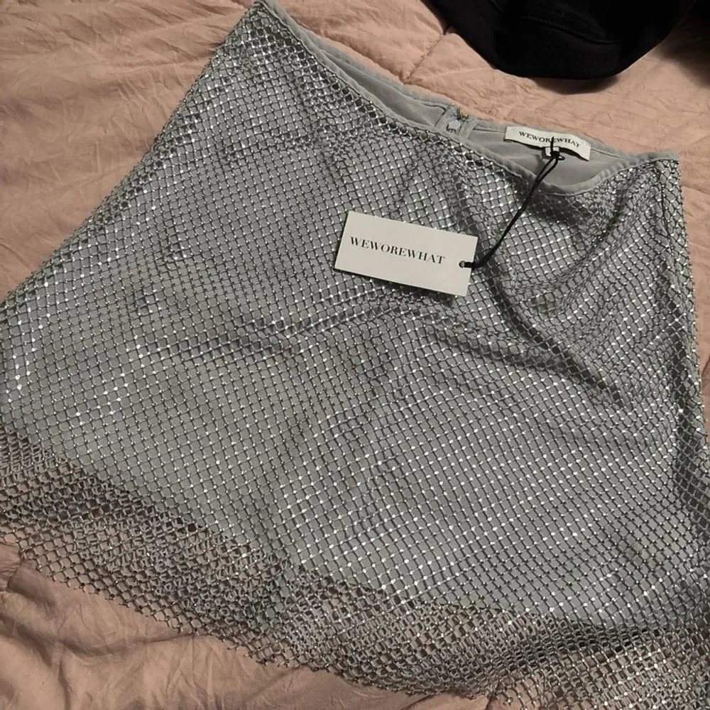 WeWoreWhat Silver Crystal Mesh Mini Skirt